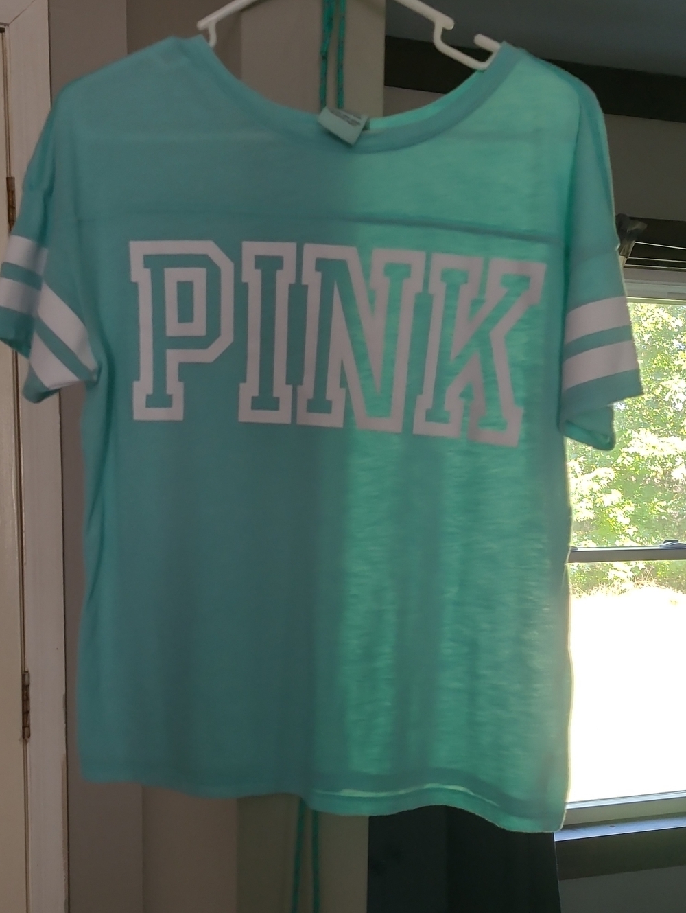PINK Victoria's Secret Teal Short Sleeve Logo Tee with White Stripe Sleeves